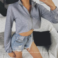 Short Sleeve Workout Gym Long Sleeve T-shirts Ladies Cotton  Crop Top Hoodie Custom